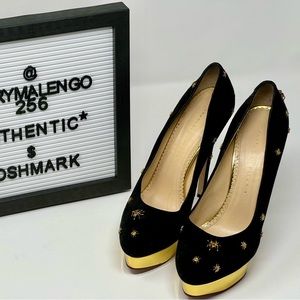 Our vintage Charlotte Olympia Dolly Spider-Studded Suede Platform Pumps.